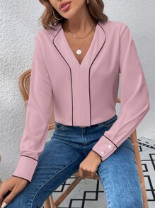 EMERY ROSE Blusa con cuello V y ribete contrastante, blusas de manga larga - Rosa - Ver 6