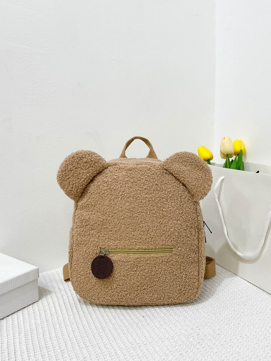 One Piece Boys And Girls Sherpa Bear Zipper Closure Cute Cartoon Backpack Suitable For Daily Use In Autumn And Winter - Khaki - View 1