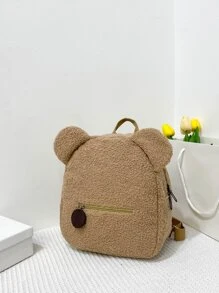 One Piece Boys And Girls Sherpa Bear Zipper Closure Cute Cartoon Backpack Suitable For Daily Use In Autumn And Winter - Khaki - View 2