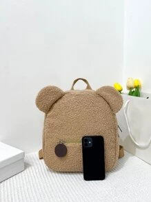 One Piece Boys And Girls Sherpa Bear Zipper Closure Cute Cartoon Backpack Suitable For Daily Use In Autumn And Winter - Khaki - View 3