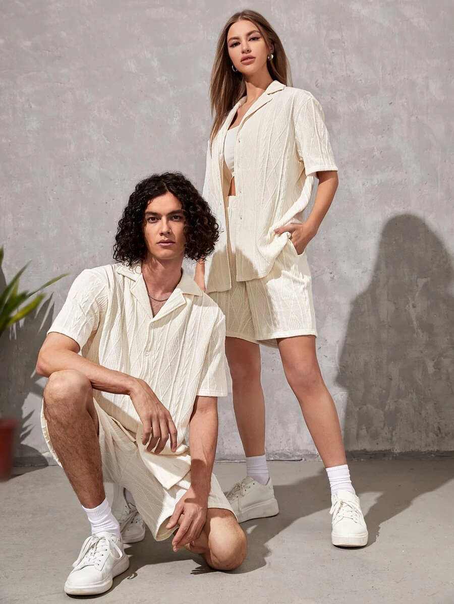 SWAVVY Loose Fit 1pc Solid Color T-Shirt & 1pc Shorts - Beige - View 1