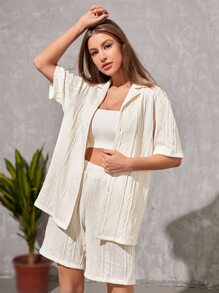 SWAVVY Loose Fit 1pc Solid Color T-Shirt & 1pc Shorts - Beige - View 3