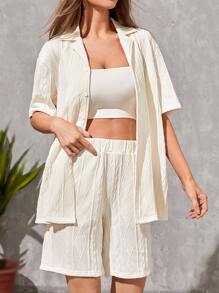 SWAVVY Loose Fit 1pc Solid Color T-Shirt & 1pc Shorts - Beige - View 4