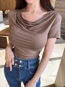 DAZY cổ áo xếp nếp Áo phông trơn - Màu nâu  Mocha - Xem 3