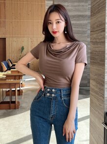 DAZY cổ áo xếp nếp Áo phông trơn - Màu nâu  Mocha - Xem 5