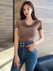 DAZY cổ áo xếp nếp Áo phông trơn - Màu nâu  Mocha - Xem 8