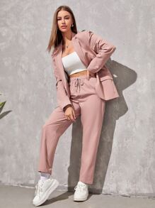 SWAVVY Bộ đồ nam Nút Túi màu trơn Giải trí - Bụi hồng - Xem 8