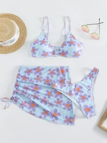 Floral Print Summer Beach Bikini Set With Cover Up Set - Multicolor - View 6