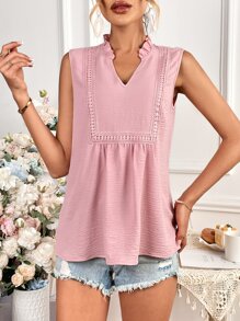SHEIN Privé Guipure Lace Insert Notched Neckline Sleeveless Blouse - Pink - View 3