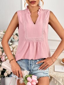 SHEIN Privé Guipure Lace Insert Notched Neckline Sleeveless Blouse - Pink - View 4