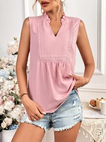 SHEIN Privé Guipure Lace Insert Notched Neckline Sleeveless Blouse - Pink - View 6
