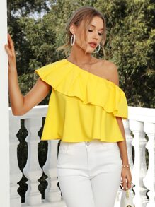 SHEIN Privé 單肩荷葉邊襯衫 - 黃色 - 查看 2
