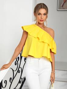 SHEIN Privé 單肩荷葉邊襯衫 - 黃色 - 查看 4