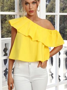 SHEIN Privé 單肩荷葉邊襯衫 - 黃色 - 查看 5