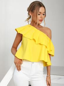 SHEIN Privé 單肩荷葉邊襯衫 - 黃色 - 查看 1