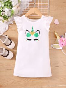 Niñas Vestido con estampado de dibujos animados ribete con fruncido - Blanco - Ver 1