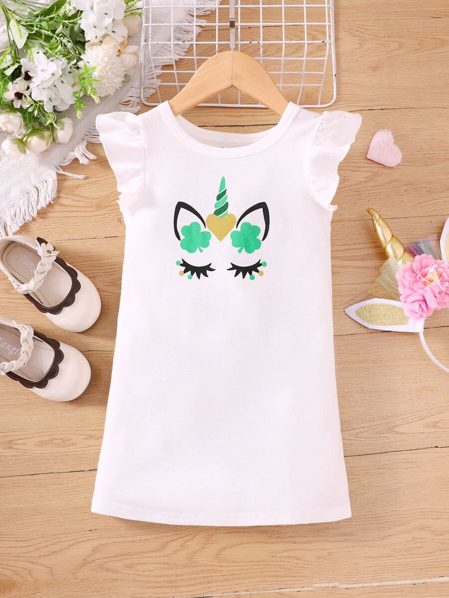 Niñas Vestido con estampado de dibujos animados ribete con fruncido - Blanco - Ver 1