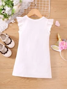 Niñas Vestido con estampado de dibujos animados ribete con fruncido - Blanco - Ver 2