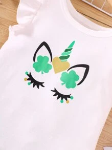 Niñas Vestido con estampado de dibujos animados ribete con fruncido - Blanco - Ver 3