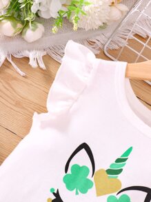 Niñas Vestido con estampado de dibujos animados ribete con fruncido - Blanco - Ver 5