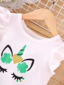 Niñas Vestido con estampado de dibujos animados ribete con fruncido - Blanco - Ver 6