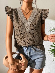 SHEIN LUNE Dalmatian Print Guipure Lace Panel Butterfly Sleeve Blouse - Coffee Brown - View 1