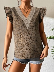 SHEIN LUNE Dalmatian Print Guipure Lace Panel Butterfly Sleeve Blouse - Coffee Brown - View 4