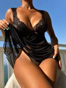 Contrast Lace Mesh Slips With Thong - Black - View 4