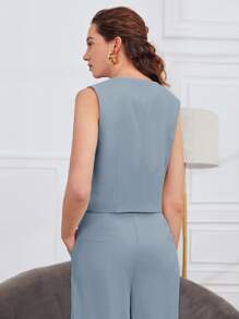 BizChic Solid Button Front Blazer Vest - Dusty Blue - View 2