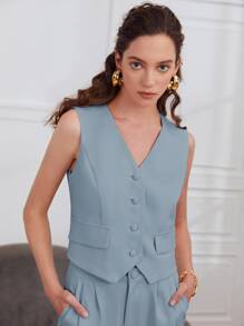 BizChic Solid Button Front Blazer Vest - Dusty Blue - View 1