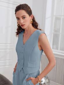 BizChic Solid Button Front Blazer Vest - Dusty Blue - View 5