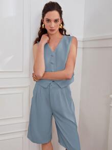 BizChic Solid Button Front Blazer Vest - Dusty Blue - View 6