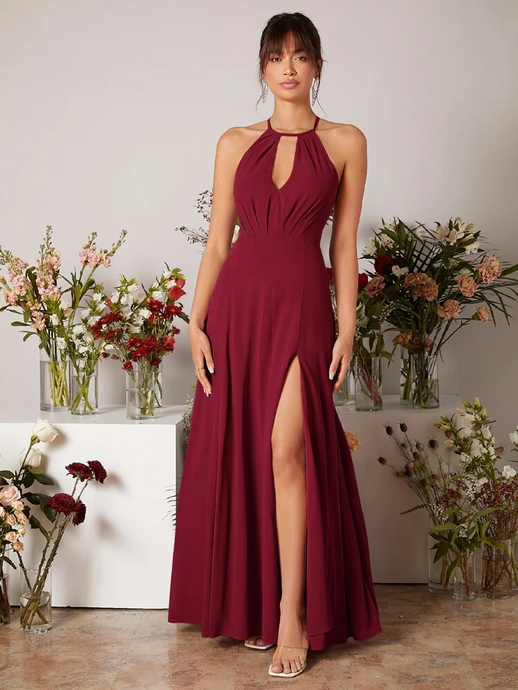 SHEIN Belle Vestido de Dama de Honra de Chiffon Vermelho Borgonha com Fenda Lateral e Costas Abertas, Vestido de Casamento - Vinho - Visão 1