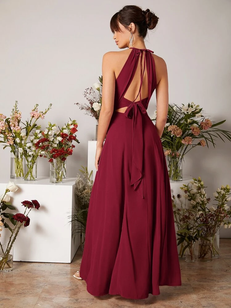 SHEIN Belle Vestido de Dama de Honra de Chiffon Vermelho Borgonha com Fenda Lateral e Costas Abertas, Vestido de Casamento - Vinho - Visão 2