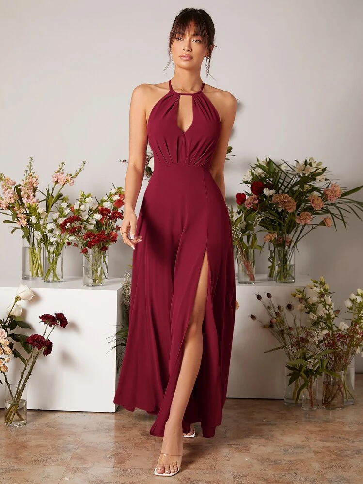SHEIN Belle Vestido de Dama de Honra de Chiffon Vermelho Borgonha com Fenda Lateral e Costas Abertas, Vestido de Casamento - Vinho - Visão 5