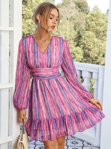 SHEIN Privé Vestido de manga farol bajo con fruncido - Multicolor - Ver 1