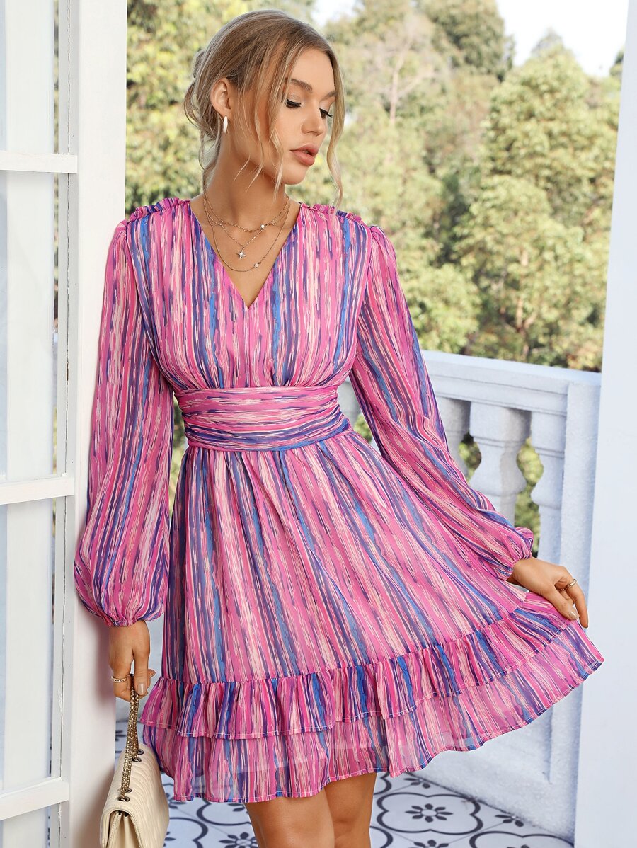 SHEIN Privé Vestido de manga farol bajo con fruncido - Multicolor - Ver 1