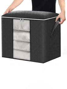 1入組大號儲物袋收納袋帶加固手柄衣物儲物袋床上用品被子衣服壁櫥透明窗戶堅固拉鍊儲物盒 - 黑色 - 查看 3