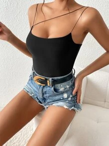 GENKIRA 素色不對稱領吊帶上衣 - 黑色 - 查看 3