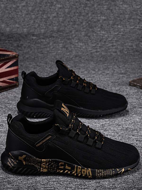 Men Letter Graphic Lace-Up Front Running Shoes, Sporty Black Non-Slip Breathable Sneakers Manfinity Basics