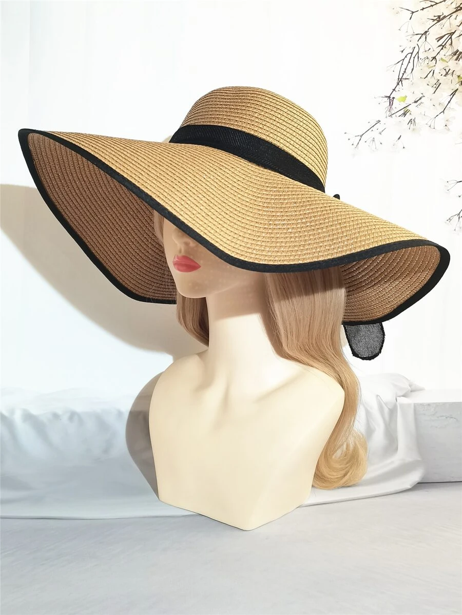 撞色滾邊草編帽 - 卡其色 - 查看 1