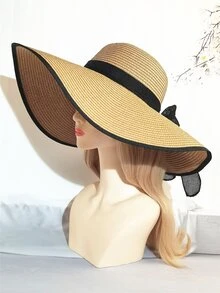 撞色滾邊草編帽 - 卡其色 - 查看 2