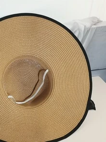 撞色滾邊草編帽 - 卡其色 - 查看 3