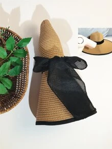 撞色滾邊草編帽 - 卡其色 - 查看 4