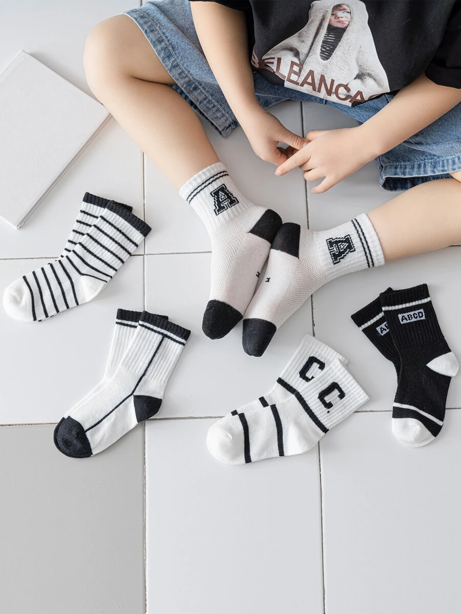 5雙幼童條紋和字母圖案中筒襪 - 彩色 - 查看 1