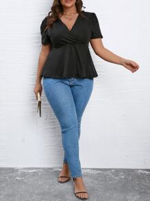 SHEIN LUNE Camiseta de cuello cruzado peplum - Negro - Ver 3