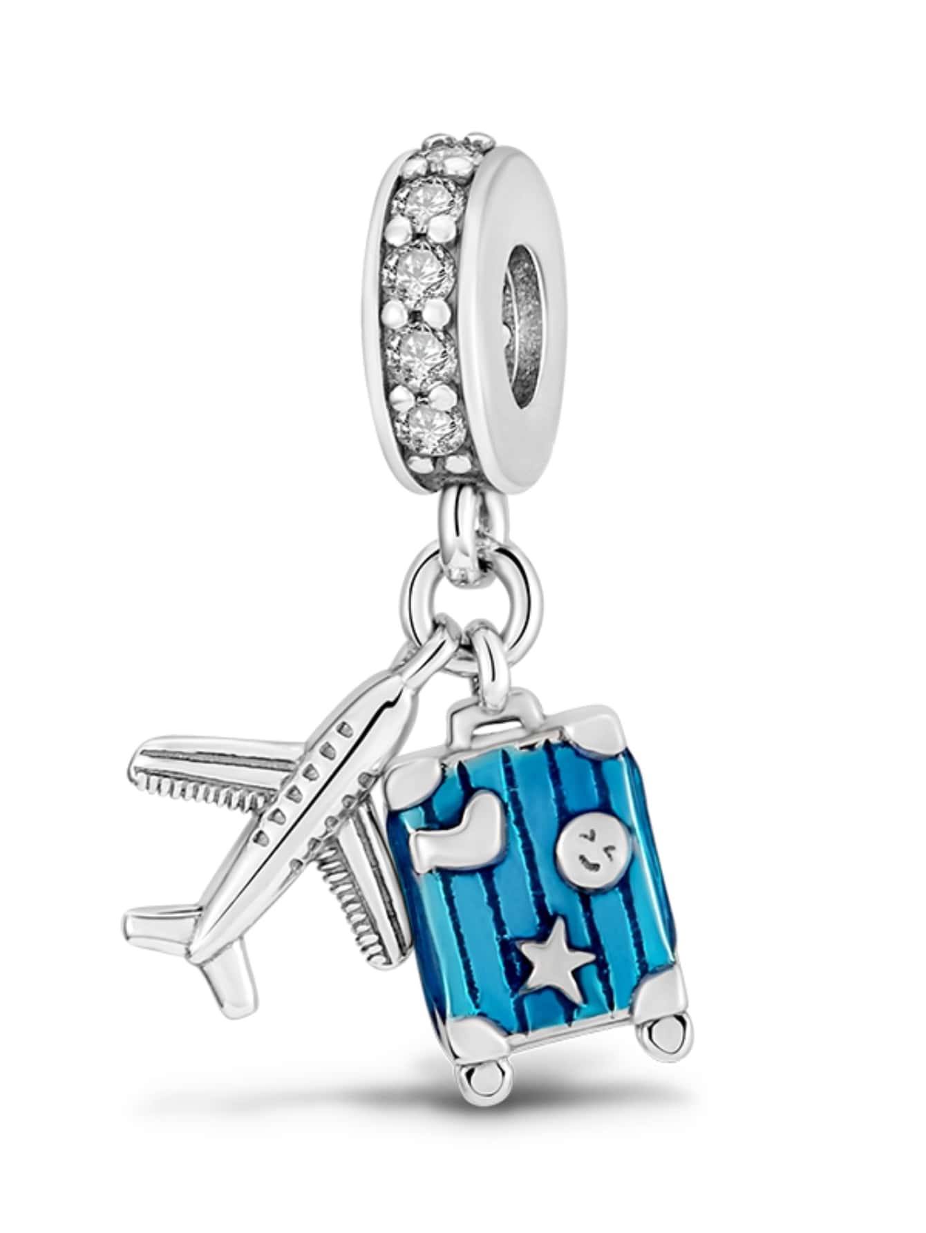 1入組旅行藍色的琺瑯手提箱飛機懸垂吊墜適合原始蛇手環項鍊珠子DIY首飾製作配件