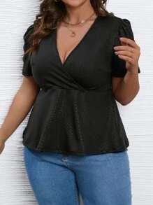 SHEIN LUNE Camiseta de cuello cruzado peplum - Negro - Ver 4