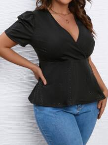 SHEIN LUNE Camiseta de cuello cruzado peplum - Negro - Ver 5