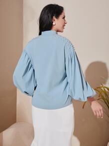Modelyn Pearls Beaded Lantern Sleeve Mock Neck Blouse - Baby Blue - View 2